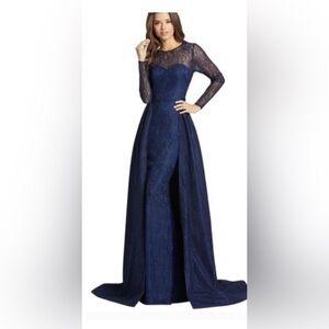 Mac Duggal Navy Long Sleeve Lace Gown